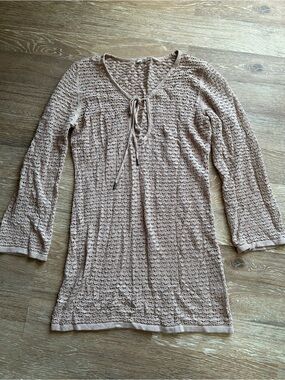 Beige Crochet Knit Tie-Front Tunic